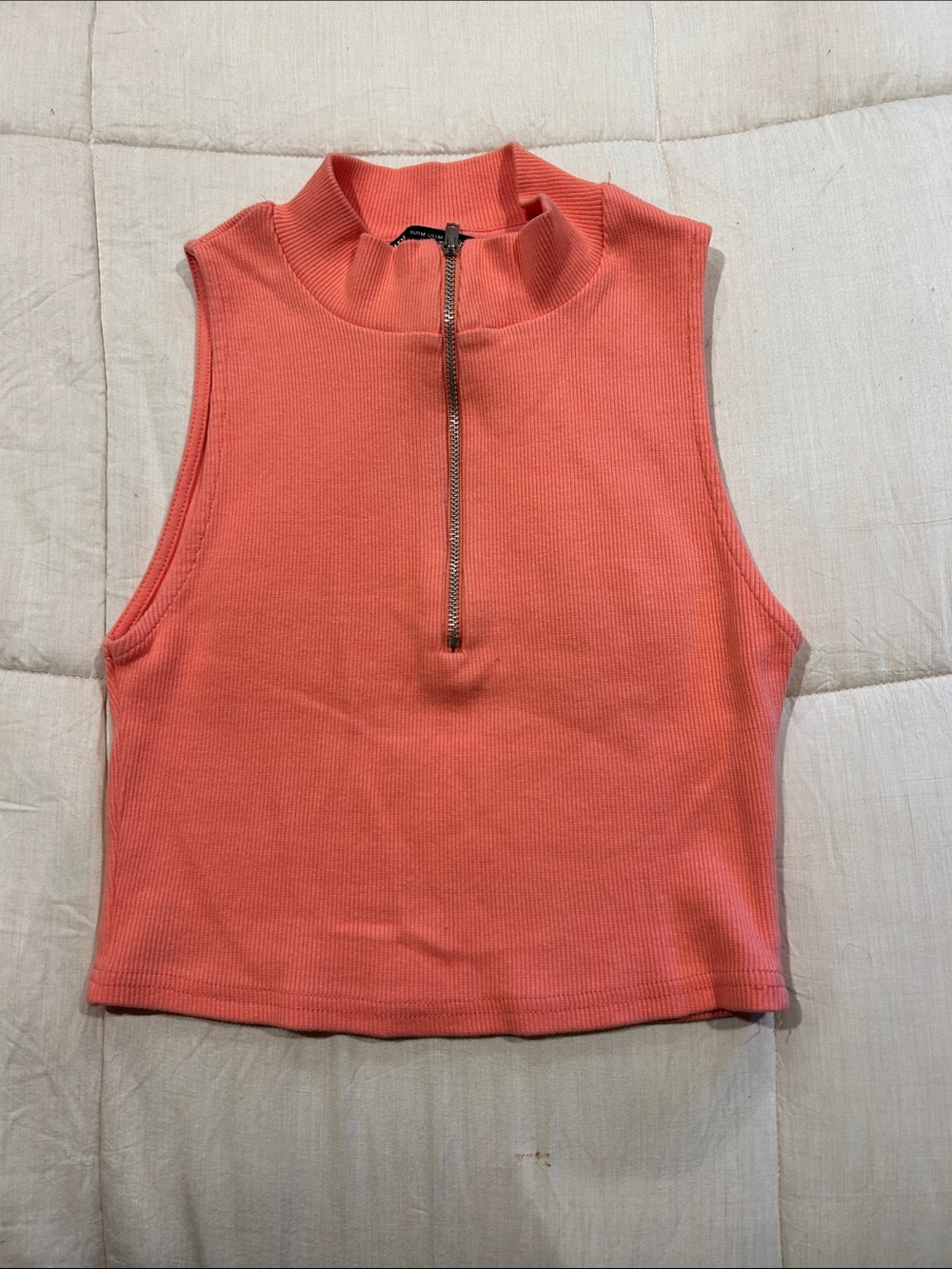 Zara Coral Ribbed Sleeveless Half-Zip Crop Top
